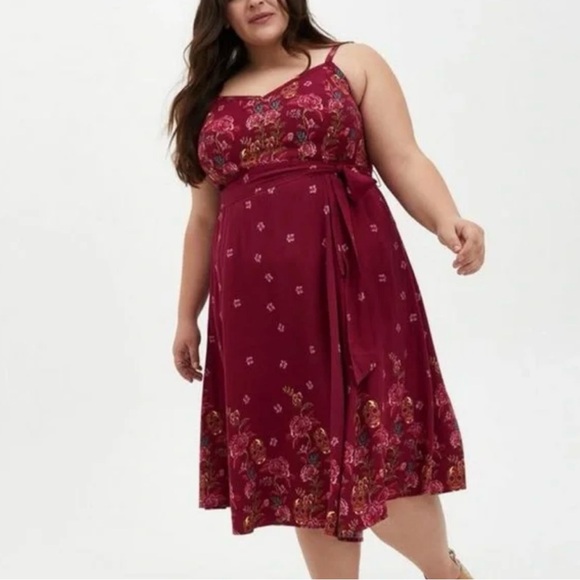 torrid Dresses & Skirts - TORRID Maroon Red Sugar Skull Floral Print Belted Tank Midi Dress 3 3X